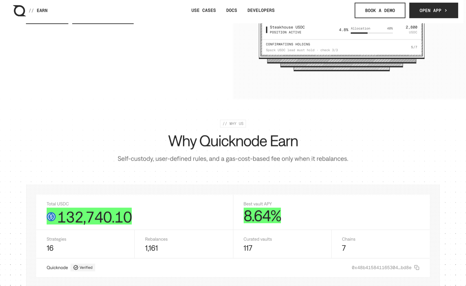 Cifras de la página pública de Earn: total en USD Coin, rendimiento, estrategias, rebalanceos, fondos y redes