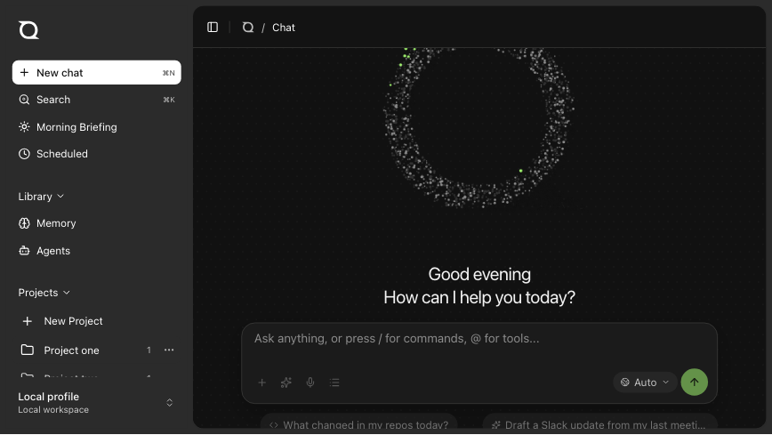 Vista pública de Q: la navegación a la izquierda y el cuadro de conversación